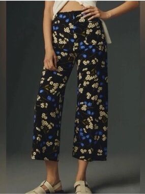 Anthropologie Maeve Colette Cropped Wide Leg Pants in Black & Blue Floral
